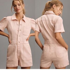 ANTHROPOLOGIE PILCRO PUFF SLEEVE PETAL PINK BUTTON FRONT ROMPER SIZE 8